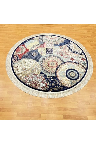 Mozaik Desenli 200 X 200 Yuvarlak İpek Halı Lacivert