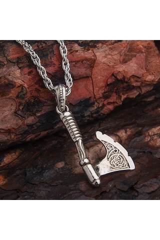 Viking İşlemeli Savaşçı Baltası Erkek Kolye Çelik İskandinav Takı