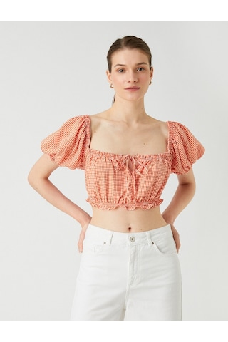 Koton Crop Bluz Kare Yaka Balon Kollu Turuncu Ekose 2sak60189ew 2SAK60189EW2C0 Turuncu