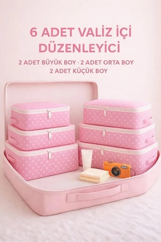Serstil 6 Parça Bavul Organizer Filesiz Hurç Seti Valiz İçi Düzenleyici Hurç Ve Çanta Takımı-pembe Benekli Pembe Puantiye