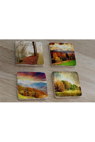 Sonbahar Manzaraları Doğal Taş Bardak Altlığı 4'lü Set - Natural Stone Coasters-174262 Çok Renkli