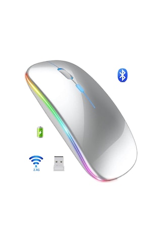 Led Işıklı Şarjlı Mouse 2.4ghz Usb Wireless Ve Bluetooth Lu Sessiz İos Uyumlu  Android Telefon Tablet Pc Tv Diğer