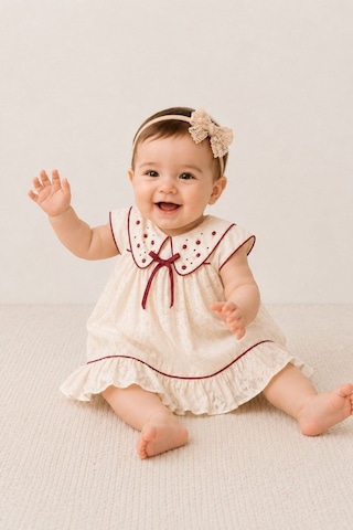 Cantoy Kız Bebek Bordo Detaylı Fisto Nakışlı Vintage Elbise Ve Bandana Takımı Organik