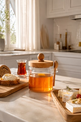 Porsima Lm-0057 Bambu Kapaklı Bambu Kaşıklı Cam Şekerlik Sunumluk Bal Ve Reçel Kavanozu Saklama Kabı 450ml Cam - Şeffaf