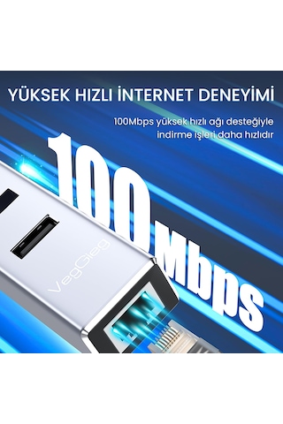 Lexroo Usb 2.0 To 100mbps Ethernet Çevirici Ve 3 Portlu Usb Hub Çoklayıcı