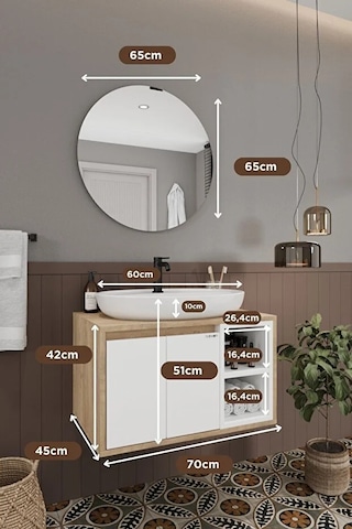 Gül Beyaz 70 Cm %100 Mdf Lavabolu Banyo Dolabı Ayna Lavabo Beyaz