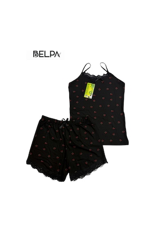 Belpa Sıla Sella Bamboo Kadın Şortlu Pijama Takımı Askılı Dantel Detaylı Siyah