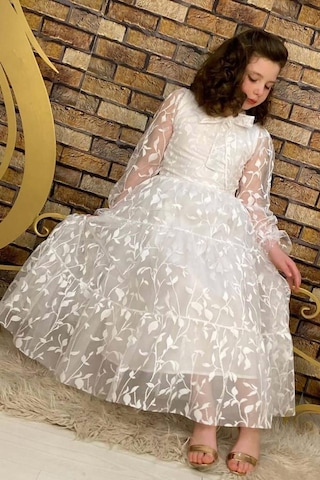 Riccotarz Kız Çocuk Kolları Ve Yakası Şeffaf Tüllü Ve Yaprak Detaylı Beyaz Elbise Beyaz
