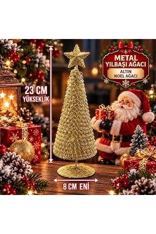Vıp Tasarım Gold Metal 23 Cm Gold Yılbaşı Ağacı Metal Parlak Simli Gold Noel Ağacı Yılbaşı Çam Ağacı