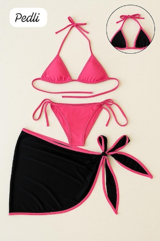Angbutik Kadın Fuşya Siyah Pareolu Yandan Ve Boyundan Bağlamalı 3'lü Bikini Takımı