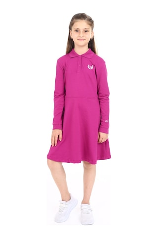 Toontoy Kız Çocuk Polo Yaka Çıtçıtlı Göğsü Baskılı Elbise Mürdüm