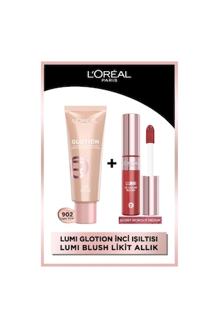 L'Oréal Paris Glotion Highlighter Likit Aydınlatıcı 902 Light Glow + Lumi Blush Likit Allık Glowy Worth It Medium