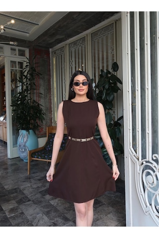 Kechi Woman Double Kumaş Kemerli Elbise Kahverengi