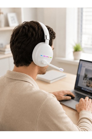 Beyaz Bluetooth 5.0 Mikrofonlu Kablosuz Kulak Üstü Kulaklık Rgb I