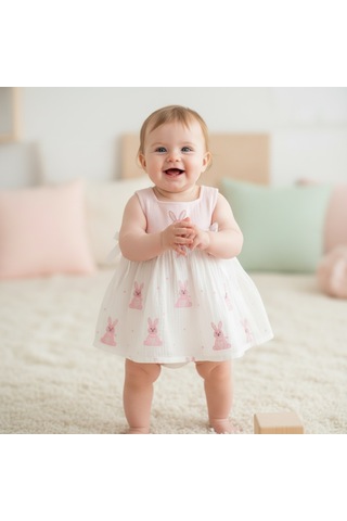 Ürünya Kız Bebek Çocuk Sıfır Kollu Askılı Nakışlı Elbise Pembe