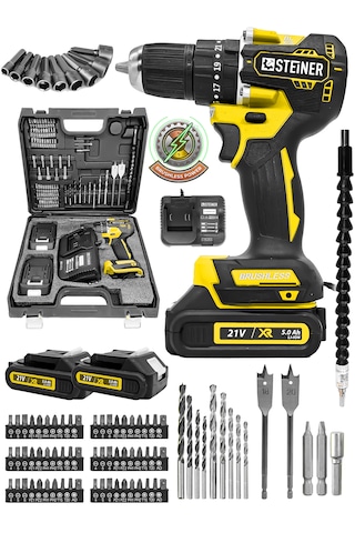 Steiner 21 V Darbeli Profesyonel Kömürsüz Motor Metal Şanzıman Çift Akülü Şarjlı Vidalama Matkap 84 Parça Sarı