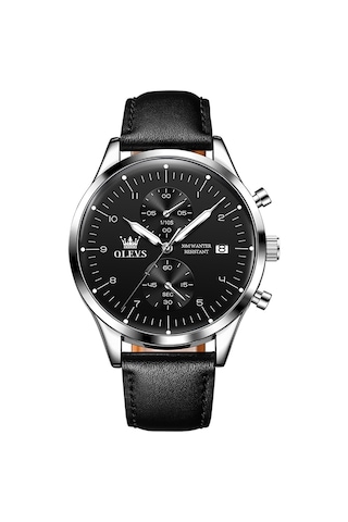 Olevs 2880 Erkekler Çok Fonksiyonlu İş Su Geçirmez Deri Kayış Kuvars Saat Siyah + Gümüş