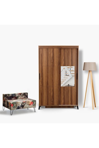 Pasifichome Huga Sürgülü Gardırop Ceviz 120Cm / 2 Kapaklı Çekmeceli Dolap