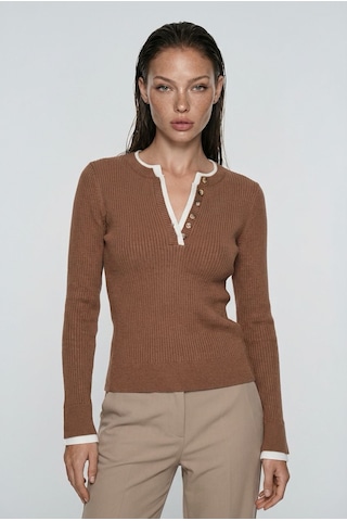 Kahverengi Düğmeli Yaka Uzun Kollu Fitilli Slim Fit Kadın Body Mg2729 Kahverengi