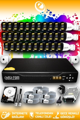 Elitcam 32 Kameralı Ultra 32 Dış Kamera Set 320 GB 5 MP 2K Net Renkli Gece Görüşlü Güvenlik Kamerası Sistemi