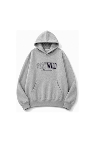 Herkesemoda Stay Wild Baskılı Kanguru Cepli Oversize Sweatshirt Gri