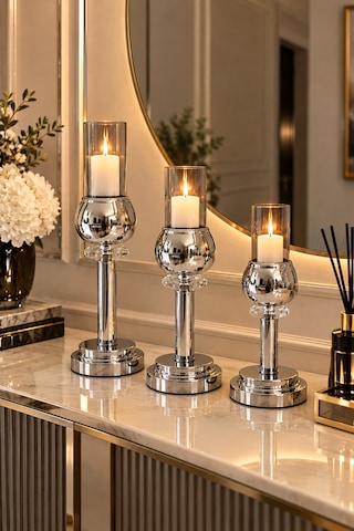Modern Krom 3 Lü Dekoratif Şamdan Mumluk Seti Gümüş Gümüş Modern Krom 3 Lü Dekoratif Şamdan Mumluk Seti Gümüş Gümüş