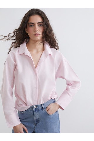 Lcw Vision Pembe Çizgili Oversize Oxford Kadın Gömlek