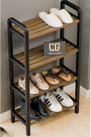 Mega 4 Katlı Ahşap Çubuklu Ayakkabılık 50 Cm Lüks Raf Ünitesi Ceviz