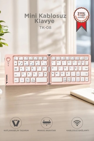 Telefon Cihaz Ekipman Kablosuz Klavye Bluetooth Katlanabilir Şarjlı Mini Klavye Tk08 Pembe