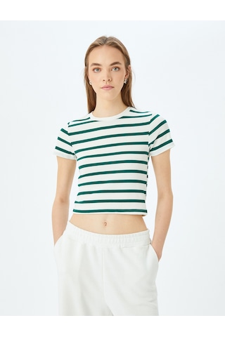 Koton Basic Çizgili Bisiklet Yaka Kısa Kollu Kaşkorse Slim Fit Tişört Yeşil Çizgili 5sal10047ık Yeşil