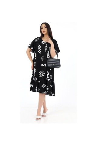 Schık Kadın Viskon Yarım Kol V Yaka Cepli Fırfırlı Elbise Siyah Siyah