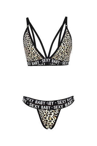 Kadın Leopar Desenli Yazı Detaylı Ipli Sütyen Takımı Çok Renkli