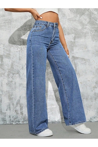 Palazzo Pantolon Orta Mavi Yüksek Bel Geniş Paça Bol Kesim Premium Jeans Orta Mavi