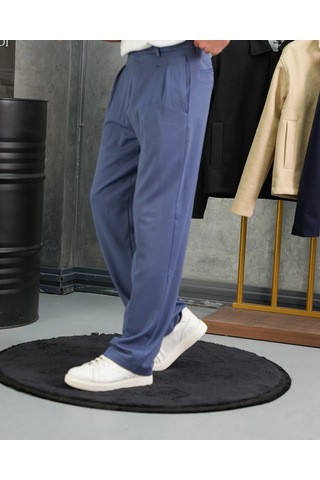 Modefendi Baggy Kalıp Pile Detaylı Kumaş Pantolon İndigo