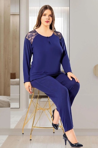 Faal 8805 Kadın Büyük Beden Uzun Kollu Dantel Detaylı Pijama Takım-lacivert Lacivert