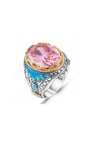 Takılingo Pembe Zirkon Taş Turkuaz Taş Detaylı Usta İşi Erkek Yüzük Gümüş