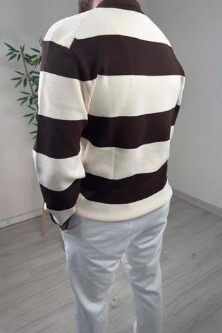 Explode - Erkek Ekru - Kahve Şerit Desenli Polo Yaka Oversize Triko Kazak Kahverengi