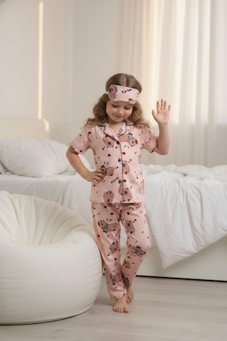 Lillypicca Somon Soft Cute Desenli Bambu Önden Düğmeli Göz Bantlı Kısa Kol Pijama Takımı 2007