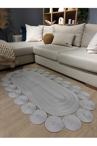 Mavaux Oval Papatya Hasır Jüt Çiçek Desenli Kilim Halı Gri