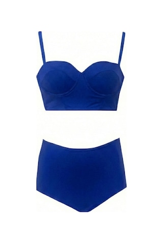 Zi Saks Mavisi Yüksek Bel Bikini Alt Üst Takım