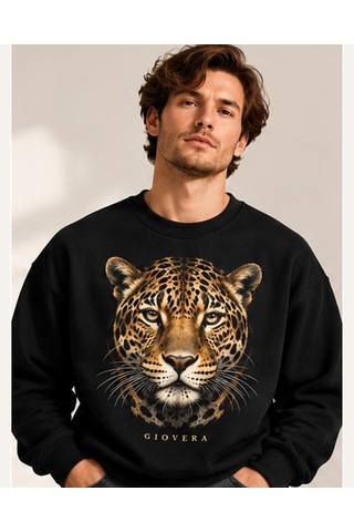 Gıovera Jaguar Premium Oversize Erkek Sweatshirt %100 Pamuk Siyah