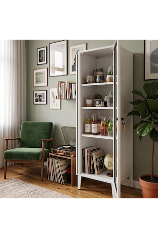 Alfahome Ziglat Serisi Cam Kapaklı Kilitli Metal Home Office Dolabı Beyaz Ral 9003 450x1390x450 Mm