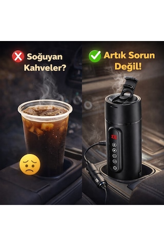 Polham Araç İçi Su Isıtıcı 470 Ml Dijital Sıcaklık Göstergeli Taşınabilir Termos 12v Çakmaklık Uyumlu, Hızlı Isıtma, Sızdırmaz Kapak Siyah
