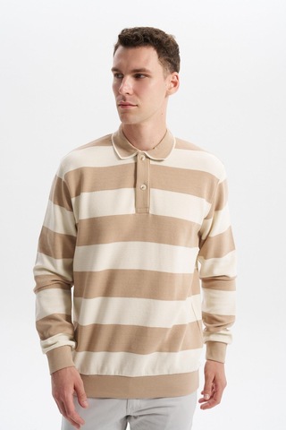 AR-MA Arma Erkek Ribanalı Regular Fit Çizgili %100 Pamuk Ringel Ottoman Kumaş Polo Yaka Düğmeli Sweatshirt K30554952602 Bej