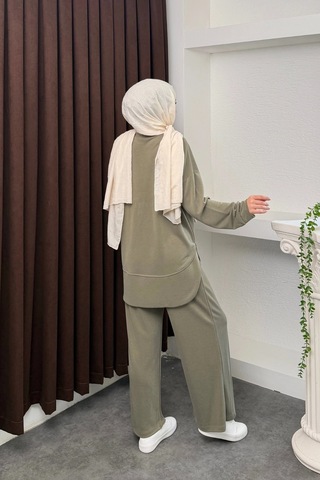 Mihran Butik Kalina Model İthal Pike Kumaş Cep Detaylı Kadın Takım Haki