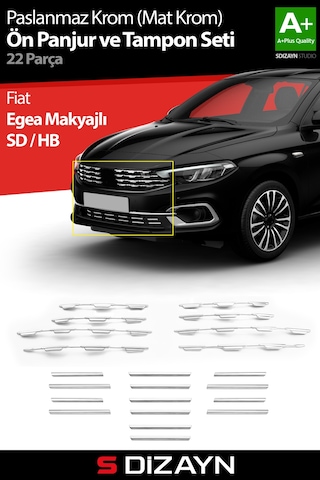 S-dizayn Fiat Egea Krom Ön Panjur Ve Tampon Çıta Seti Diamond Model 22 Prç. 2020 Üzeri Mat Krom