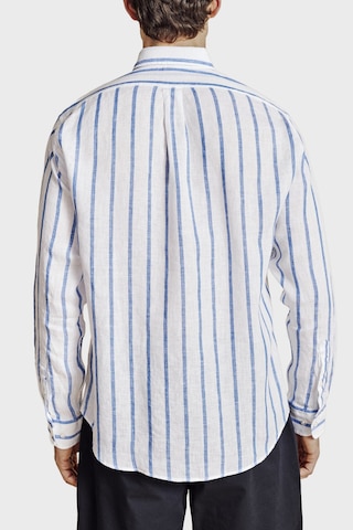 Brooks Brothers % 100 Keten Düğmeli Yaka Çizgili Gömlek Erkek Gömlek Bbss26msh013175 Mavi-beyaz