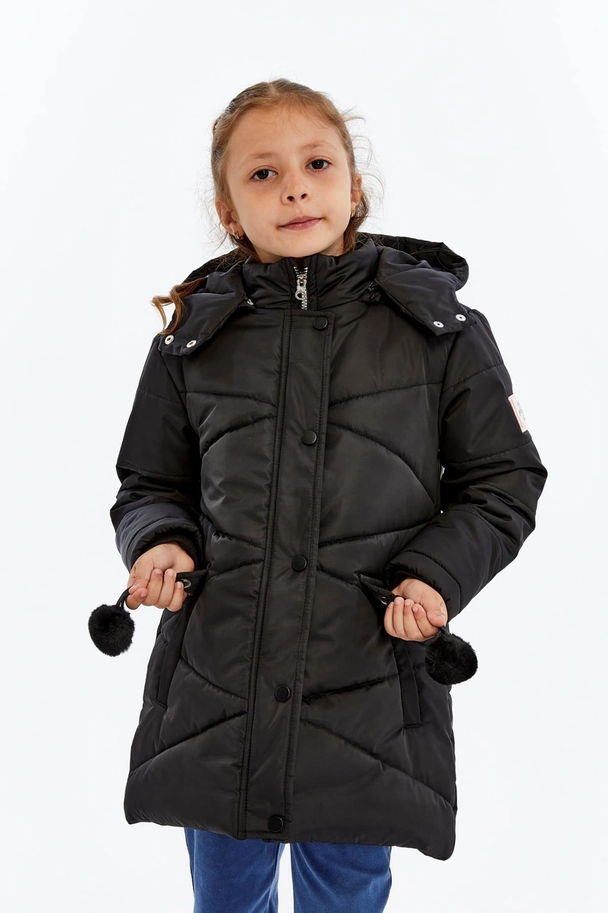 Benitto Kids Kapüşonlu Kışlık Ponpon Detaylı Kız Çocuk Kaban 51354 Siyah