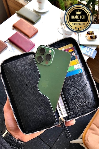 Leo Black Unisex Hakiki Deri Telefon Bölmeli Cüzdanı Siyah