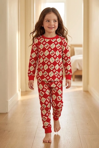 Zuzunga Kız Çocuk Kiraz Ve Papatya Desenli Kırmızı Uzun Kollu Alt Üst Pijama Takımı